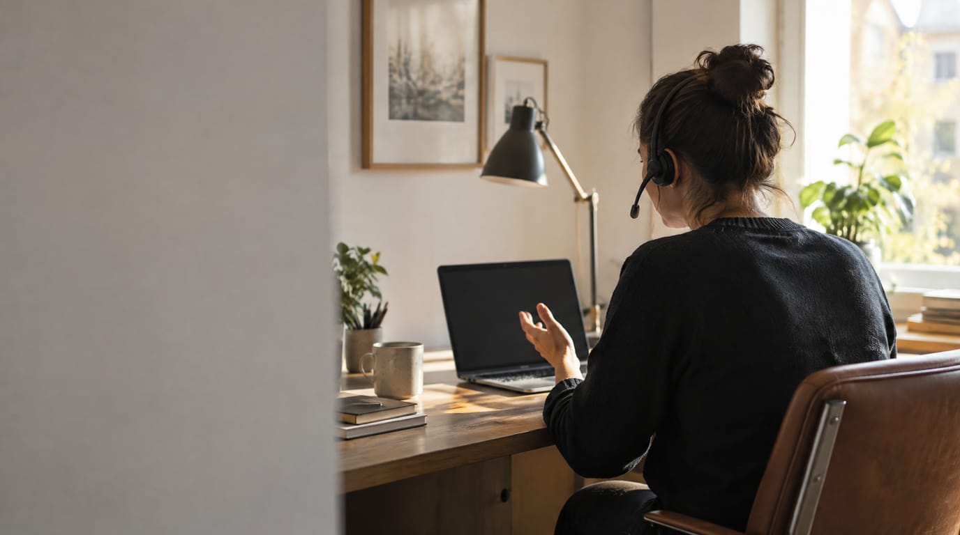 A person at a desk wearing a headset, mid-conversation, lit by daylight from a side window.