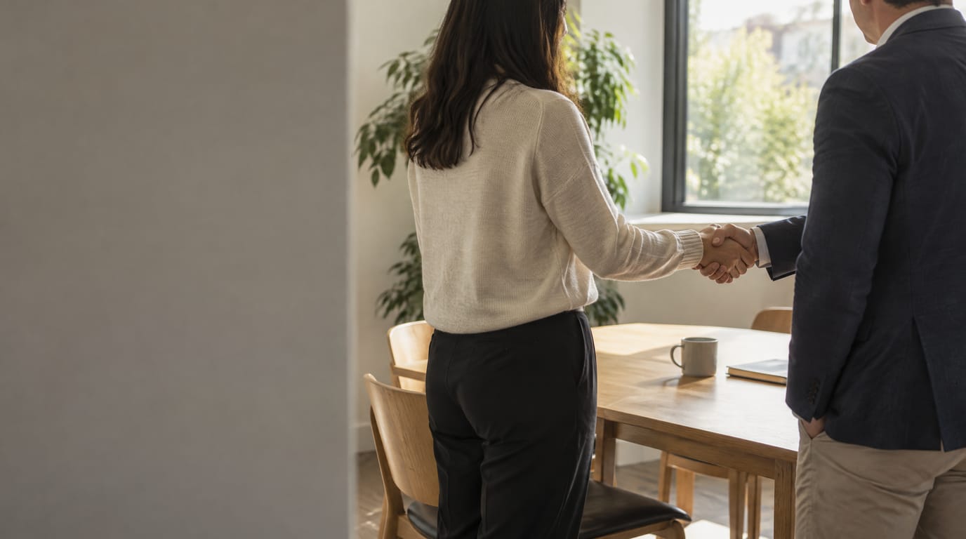Two people shaking hands across a table in a bright office meeting room.