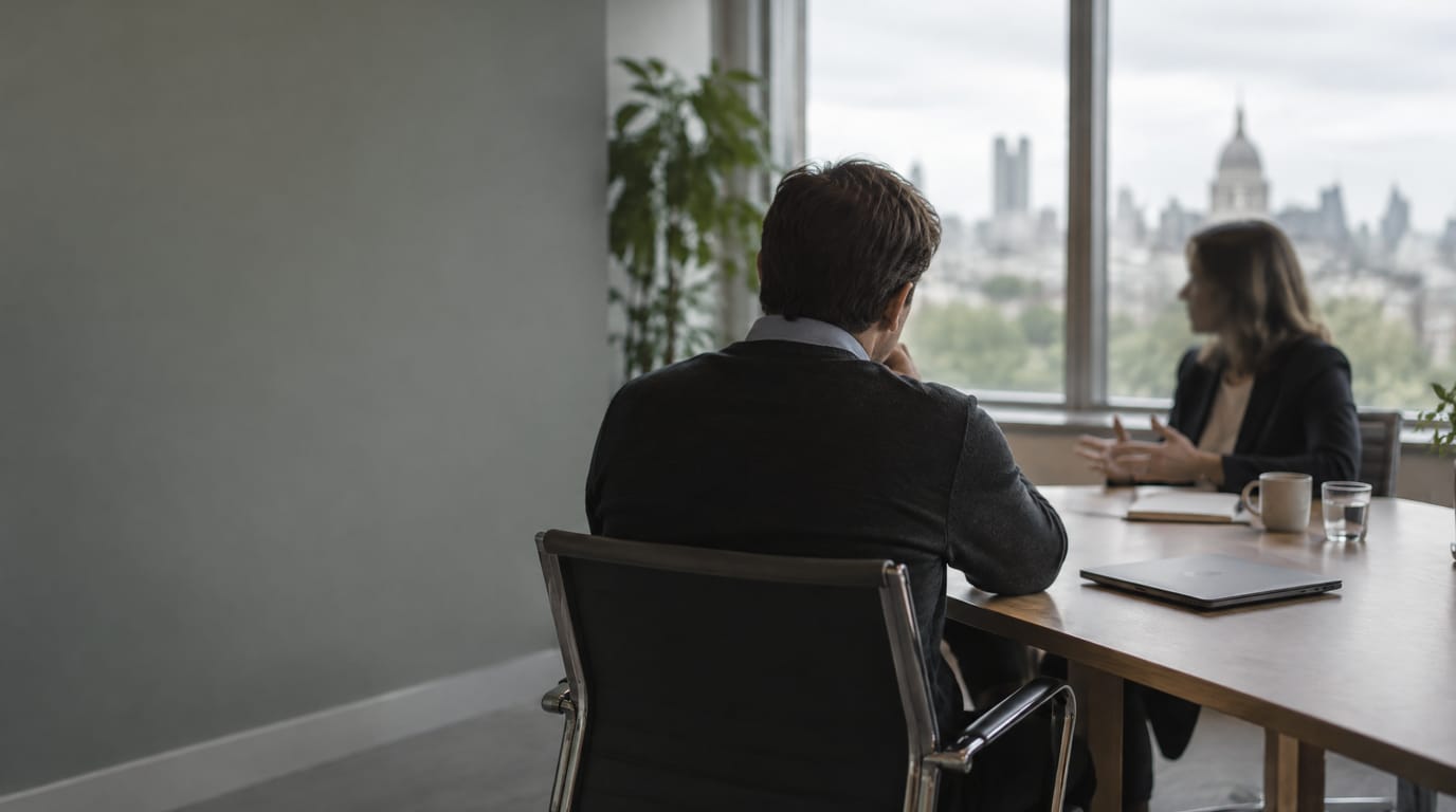 Two people in quiet conversation across a table in a daylit meeting room.